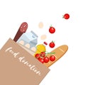 Food donation composition. Vector food donation craft bag with different products in it. Delivery of the product during