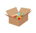 Food donation concept. Big cardboard box with food, grocery and vegetables.