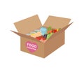 Food donation concept. Big cardboard box with food, grocery and vegetables.