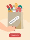 Food donation concept vector. Volunteer is holding a donation package with milk, meat, carrots, bread. Volunteering helping hand