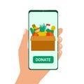 Food donation to people on smartphone. Box of food for needy. Humanitarian aid application. Concept of volunteering and charity.