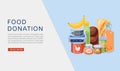 Food donation vector web banner illustration. Charity, food donation for needy and poor people. Canned meat, fruits