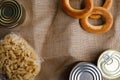 Food donations in box in kitchen background, copy space