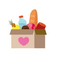 Food donations linear icon. Charity food collection. Box with meal, hearts. Humanitarian volunteer activity.