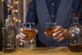Bartender Serve Whiskey, on wood bar, Royalty Free Stock Photo