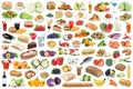 Food and drink collection background collage healthy eating fruits vegetables fruit drinks isolated Royalty Free Stock Photo