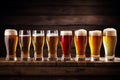 Set of drinking glasses filled with various beer types. Generative AI