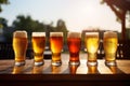 Set of drinking glasses filled with various beer types. Generative AI