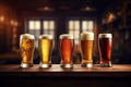 Set of drinking glasses filled with various beer types. Generative AI