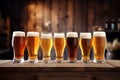 Set of drinking glasses filled with various beer types. Generative AI