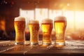 Set of drinking glasses filled with various beer types. Generative AI