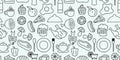 Food and drink doodle elements object seamless pattern vector illustration. Repeated black and white line art design background Royalty Free Stock Photo