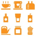 Food and drink Equipment with cup machine coffee kettle bottle glass and moka pot..set orange color Flat icon design vector for Royalty Free Stock Photo