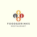 food and drink with flat color and emblem style logo icon template design. restaurant, bakery, spoon, fork, knife, glass vector Royalty Free Stock Photo