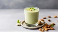 Food and drink, healthy lifestyle, diet and nutrition concept. Green smoothie with organic almond nuts. Top view flat Royalty Free Stock Photo