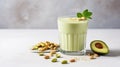 Food and drink, healthy lifestyle, diet and nutrition concept. Green smoothie with organic almond nuts. Top view flat Royalty Free Stock Photo
