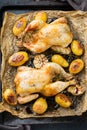 Food and drink, holidays eating dinner concept. Roasted chicken poussin with spices, herbs, garlic and small potatoes on a kitchen