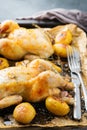 Food and drink, holidays eating dinner concept. Roasted chicken poussin with spices, herbs, garlic and small potatoes on a kitchen