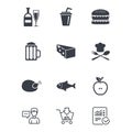 Food, drink icons. Beer, fish and burger signs.