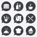 Food, drink icons. Coffee and hamburger signs. Royalty Free Stock Photo