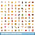 100 food and drink icons set, cartoon style