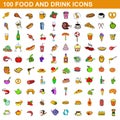 100 food and drink icons set, cartoon style Royalty Free Stock Photo