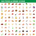 100 food and drink icons set, cartoon style Royalty Free Stock Photo