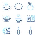 Food and drink icons set. Included icon as Coffee, Beer bottle, Apple signs. Vector