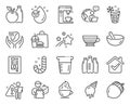 Food and drink icons set. Included icon as Coffee, Candy, Cooking beaker signs. Vector