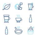 Food and drink icons set. Included icon as Frying pan, Champagne bottle, Mint leaves signs. Vector