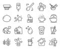 Food and drink icons set. Included icon as Macadamia nut, Cooking whisk, Cooking spoon signs. Vector