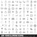 100 food and drink icons set, outline style Royalty Free Stock Photo