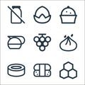 food drink line icons. linear set. quality vector line set such as honeycomb, sushi, sushi, dumpling, grapes, coffee pot, cupcake