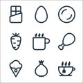 food drink line icons. linear set. quality vector line set such as tea cup, onion, ice cream, chicken leg, coffee cup, carrot,