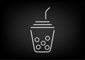 Food and drink logo. Minimalistic white line art cup of bubble milk tea with black jelly pearl, boba illustration on black