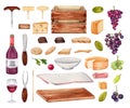 Food and drink menu tasting set with cheese slices, grapes, red wine, olives, crackers, serving board, table cloth, crate, knife