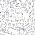 Food and drink outline doodle background. Hand