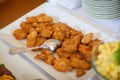 Food and drink at the restaurant. Table setting. Tasting dishes. Set of cold snacks, canape, beverages, closeup  parte meals Royalty Free Stock Photo