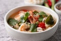 Food and drink, traditional Thai cuisine. Spicy tom yam kung, tom yum sour soup with shrimp, prawn, coconut milk