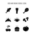 Food and drinks glyph icons set. Burger, chicken leg and beer. Delicious eating and beverages silhouette symbols. Fish Royalty Free Stock Photo