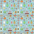 Food and drinks grocery shop outline seamless vector pattern.