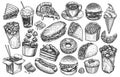 Food and Drinks illustration set. Hand drawn items collection in sketch style for design menu of restaurant or diner Royalty Free Stock Photo