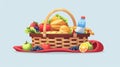 Food and drinks for picnic in the park in a basket with a rolled red blanket. Cartoon ready-to-eat meals and accessories Royalty Free Stock Photo