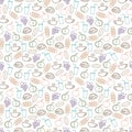 Food and drinks seamless pattern design - seamless texture with burger, drinks, bread and fruits line icons