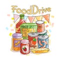 Food Drive non perishable food charity movement, badge illustrations.