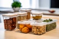 Food in eco-friendly containers. Food delivery for home or office. Vegetable, fruit salads and noodles