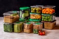 Food in eco-friendly containers. Food delivery for home or office. Vegetable, fruit salads and noodles