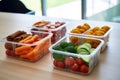 Food in eco-friendly containers. Food delivery for home or office. Vegetable, fruit salads and noodles