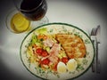 Food eggs chicken tomato salat plate redwine tea