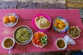 Food in Egypt - Eggs, fuul (beans), salad, bread and frui Royalty Free Stock Photo